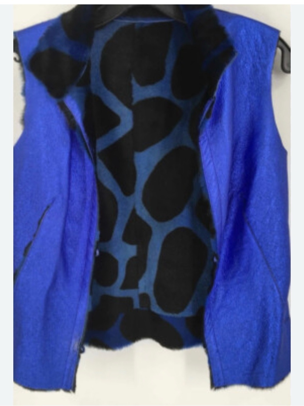 Metallic electric blue animal print real fur shearling leather vest